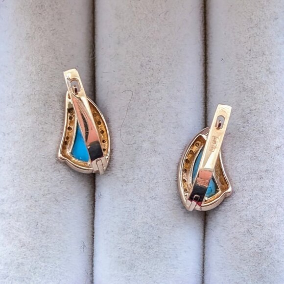 Russian Solid 14K 585 Rose Pink Gold Turquoise White Paste Stones EARRINGS - Picture 6 of 7